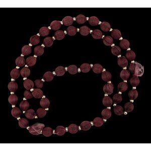 Vintage Burgundy Silk Thread Beaded Necklace With Silver Tone Accents
